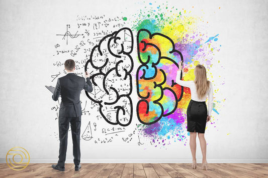 Business professionals illustrating left and right brain leadership with logic equations and colourful creativity.