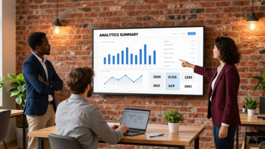 People standing around board looking at analytics