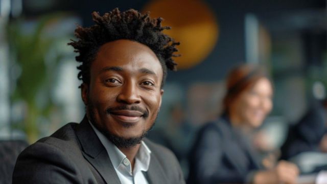 LEAD© Forum: Supervisor and team leader smiling confidently in a business meeting setting with colleagues in the background.