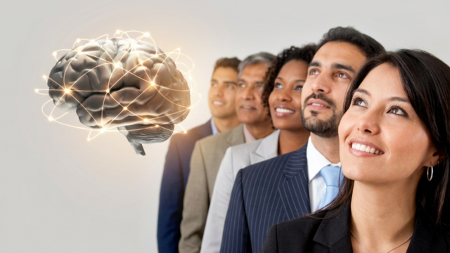 Poeople looking at brain showing neuroscience icon